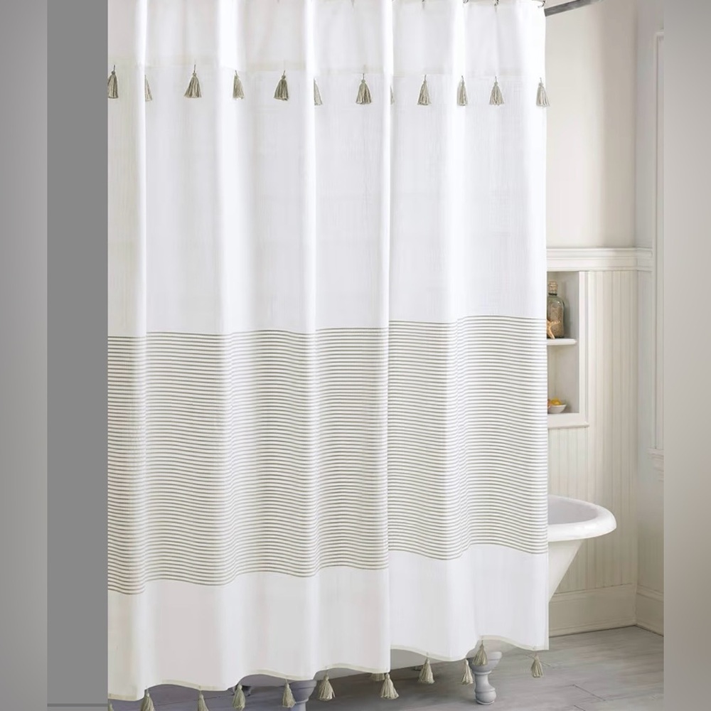 Peri Home Panama Stripe Taupe Tassel Shower Curtain Cotton 72x72”Boho Farmhouse